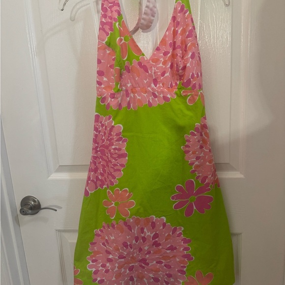 Vintage Lilly Pulitzer Green and Pink Floral Mini Dress Tropical Summer